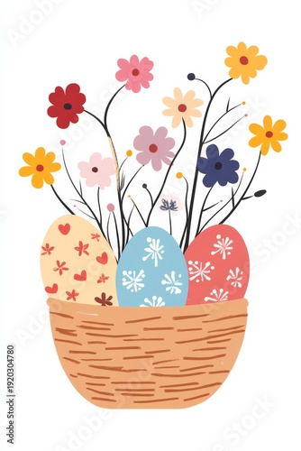 Wishing You a Joyful Easter Greeting Card with Basket of Colorful Eggs and Flowers