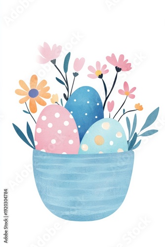 Wishing You a Joyful Easter Greeting Card with Basket of Colorful Eggs and Flowers