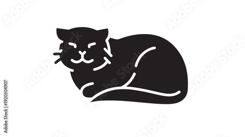 Cat sleeping silhouette icon with curled body and cute face, minimal black and white flat pictogram for pet logo, sticker, app UI, web design isolated