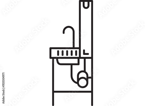 Sink bathroom plumbing line icon with faucet, basin, drain pipe and vertical vent, minimalist black outline symbol for sanitation, hygiene, repair service and interior UI
