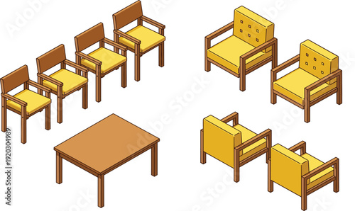 isometric wooden chair set, yellow cushioned furniture collection, living room seating illustration, modern table and armchairs vector design