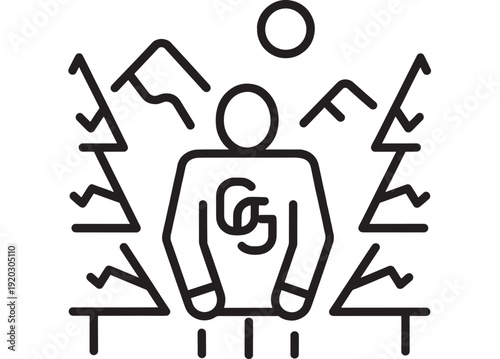 Hiker line icon with backpacking person in forest, mountains and sun, simple outline pictogram for hiking, trekking, outdoor adventure and nature travel