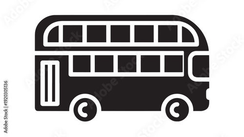 Bus double decker icon with simplified black silhouette, rounded corners and window panels, public transport symbol for city travel, commuting, navigation apps and signage