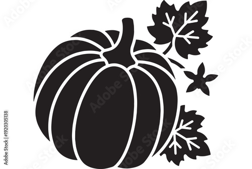 Pumpkin autumn harvest icon with carved-style silhouette, ribbed squash shape, leaves and flower elements, fall season decoration graphic isolated on white