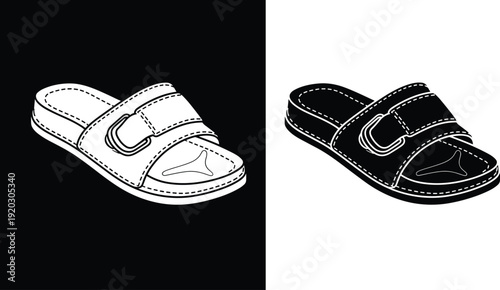 Men slide sandal vector illustration, casual summer slipper footwear design, black and white isolated flip flop icon