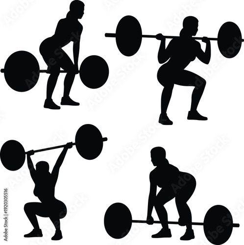 Silhouette collection of athletes performing weightlifting exercises including deadlift, snatch, and clean showcasing strength training, fitness workout techniques, and athletic performance poses.