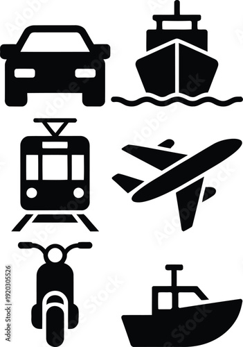 Variety of transportation modes depicted in simple black and white icons