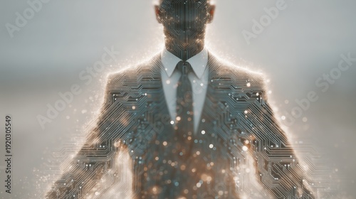 AI-enhanced leadership aura, abstract glowing circuitry on a business leader, inspiring vision and clarity.