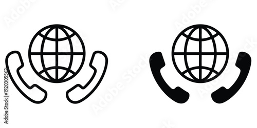 International phone call icon, line and solid design, global communication and calling symbols, editable vector illustrations, flat and stroke style, modern business and telecommunication concept