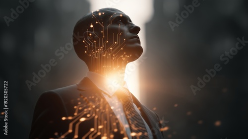 AI-enhanced leadership aura, abstract glowing circuitry on a business leader, inspiring vision and clarity.