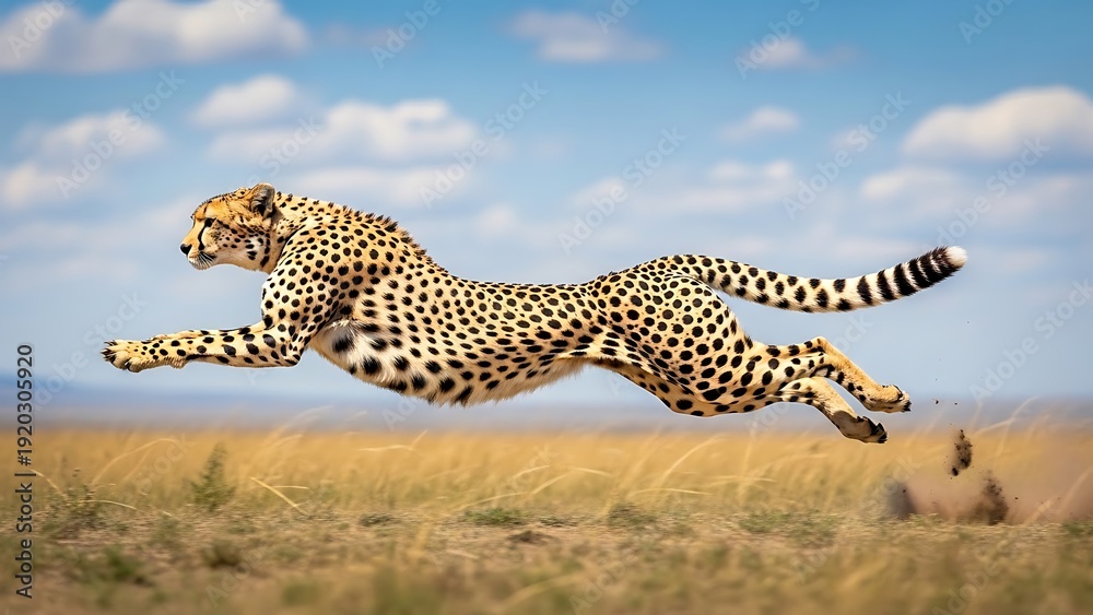 Obraz premium Majestic cheetah captured mid-air during an incredible high-speed sprint across the sunlit African savanna landscape