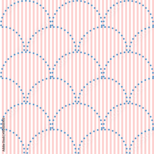 seamless geometric pattern consisting of light pink and white vertical lines, with dark blue dotted curved lines forming scallop pattern.