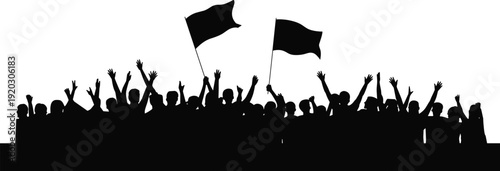Silhouette of enthusiastic crowd raising hands with flags, dynamic public gathering scene symbolizing unity, activism, protest, celebration, and collective action in striking minimalist design.