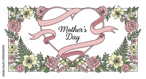 Elegant floral frame with ribbon and Mother's Day text in a beautiful illustration