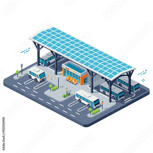 Solar-powered bus terminal with parking and charging stations