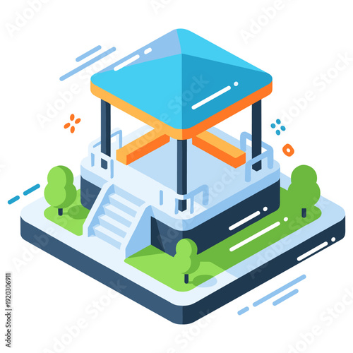 Isometric gazebo in a park with greenery and steps