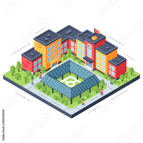 Colorful isometric school building with courtyard and walking figures