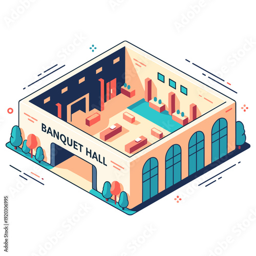 Modern banquet hall exterior and interior layout with arched windows
