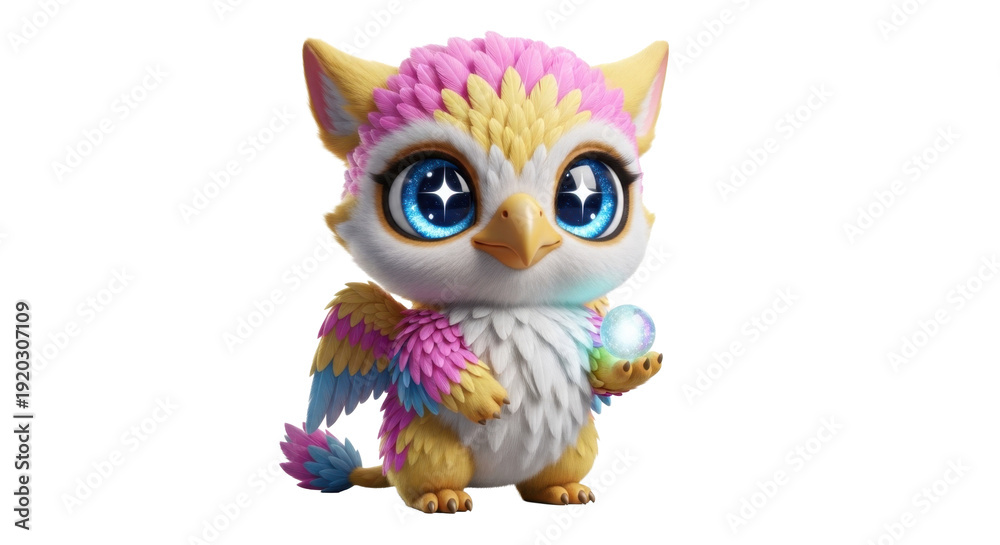 Fototapeta premium Cute baby griffin with magic orb