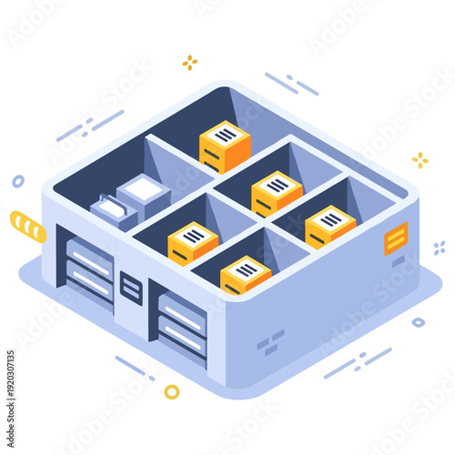 Isometric warehouse layout with storage boxes and delivery equipment