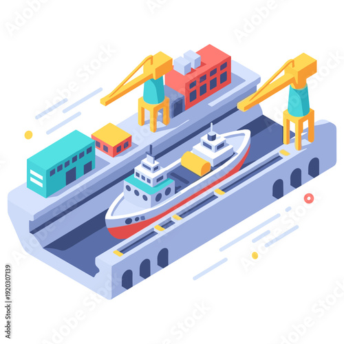 Isometric shipyard scene with cargo ship and colorful cranes