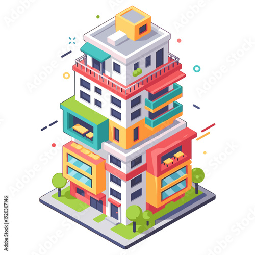 Colorful isometric modern apartment building with balconies and trees