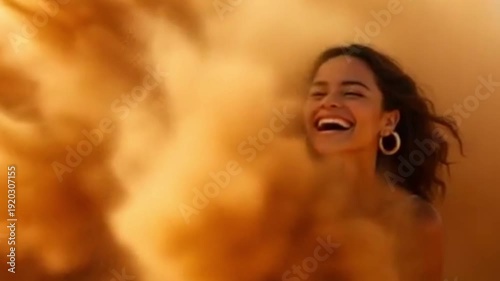 Young woman smiling joyfully in a sandstorm backdrop  