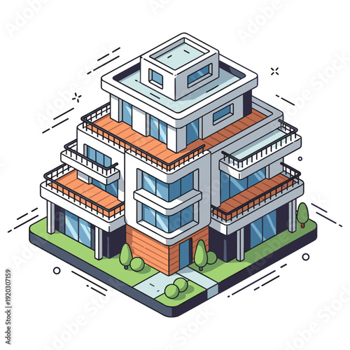 Modern isometric building with roof terrace and balconies
