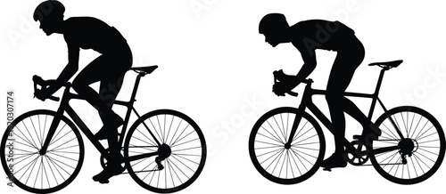 Silhouettes of two cyclists riding road bicycles in different postures, minimalist artistic composition symbolizing speed, aerodynamics, endurance, motion, and competitive cycling design.