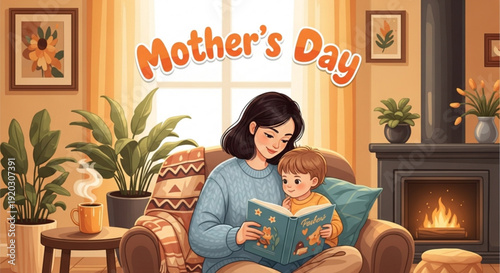 A mother reads a book to her child on Mother's Day in a cozy living room with a fireplace and plants