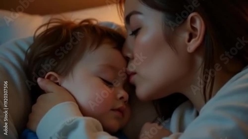 Mother kissing her sleeping child in a cozy bedroom at night  