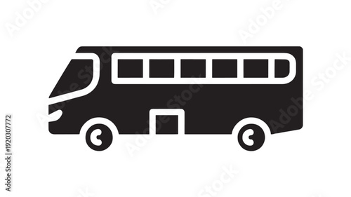 Bus transport icon with black silhouette coach vehicle, side view pictogram for public transit, travel, route navigation, station signage, and mobility app UI design