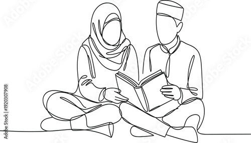 Muslim couple reading holy book together one continuous line drawing vector illustration on white background