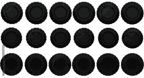 Off road tire top view set, rugged tractor wheel silhouettes, heavy duty vehicle tyre vector collection isolated