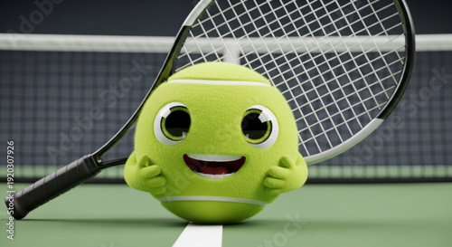 Smiling Tennis Ball with Racket on Court