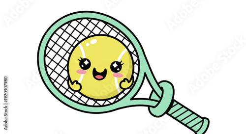 Smiling Tennis Ball with Racket, Cartoon Style, Isolated on White