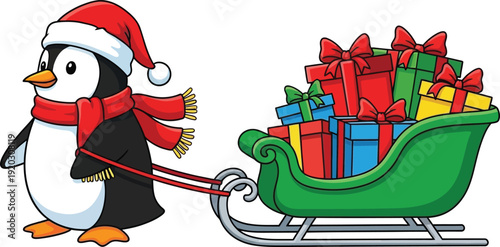 Vector santa penguin pulling a sled with gifts isolated on transparent background