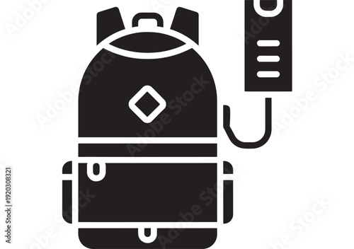 Backpack travel icon with luggage tag and handle, black glyph silhouette pictogram for tourism, school, hiking, baggage label, minimal flat design on white