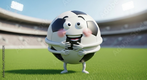 Smiling Soccer Ball Character Running on Green Football Stadium Field 3D Rendering