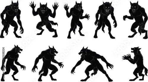 Set of werewolf silhouettes in dynamic poses, black monster wolfman characters collection isolated on white background