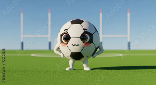 Cartoon Soccer Ball Character Running on Rugby Field with Goalposts
