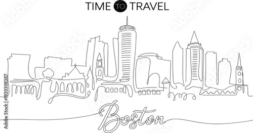 Continuous one line drawing of Boston city skyline Massachusetts for travel and tourism vacation concept