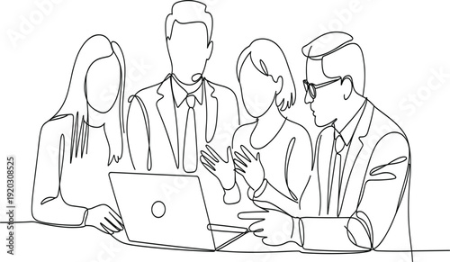 Continuous line drawing of business team working on laptop for professional office meeting and collaboration