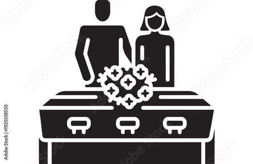 Coffin funeral icon with mourners standing behind casket and flower arrangement, black and white silhouette pictogram for obituary, memorial service, grief concept