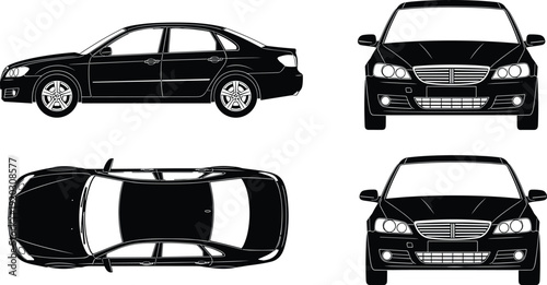 Sedan car vector illustration set, front side top views, black automobile silhouette isolated, modern passenger vehicle design