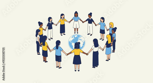 A vibrant Flat Design illustration showcasing a diverse group of women united in solidarity, symbolizing global empowerment and community. 