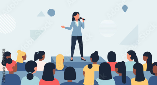 This Flat Design vector illustration depicts a confident woman giving a speech, symbolizing female leadership and the power of women's voices. It highlights empowerment and the importance of communica