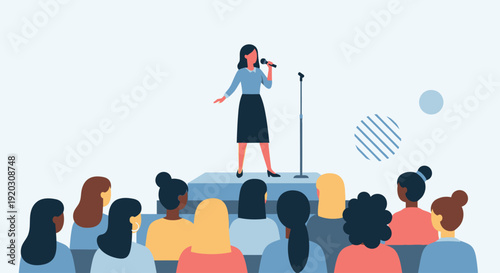 This Flat Design vector illustration depicts a confident woman giving a speech, symbolizing female leadership and the power of women's voices. It highlights empowerment and the importance of communica