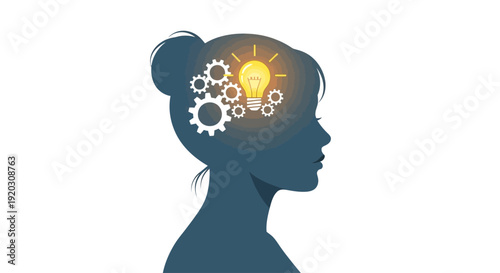 A captivating Flat Design illustration showcasing a woman's profile adorned with gears and a lightbulb, representing her intelligence and contributions to STEM and innovation. 