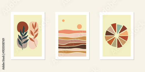 Abstract mid century wall art collection features minimalist plant leaves and earthy landscape shapes with sun and geometric elements in warm terracotta and ochre colors